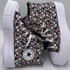 Converse Black and Pink Floral Platform Sneakers